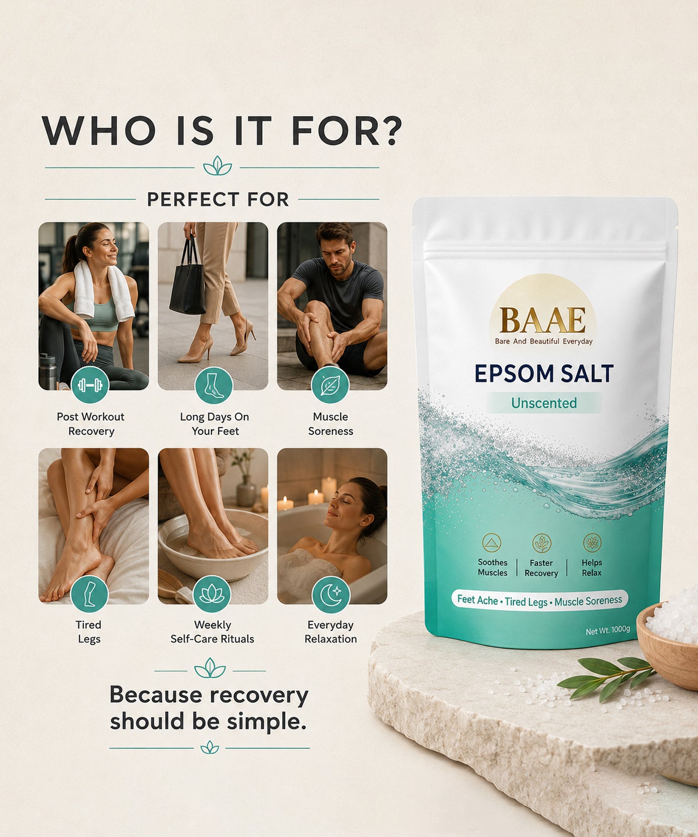 BAAE Pure Epsom Salt - 100% Magnesium Sulfate | Muscle Soak & Relaxation Bath Salt | 1kg