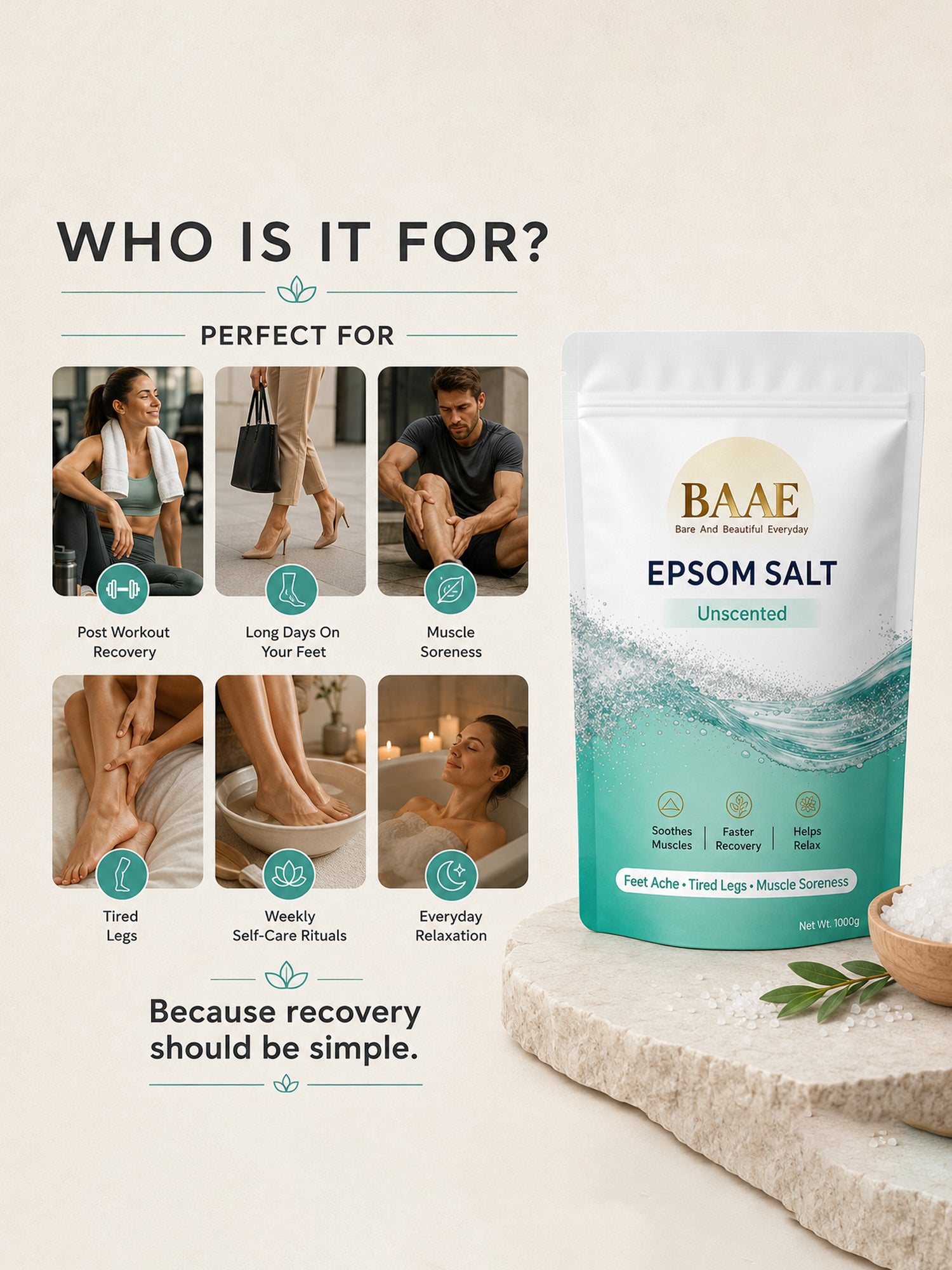 BAAE Pure Epsom Salt - 100% Magnesium Sulfate | Muscle Soak & Relaxation Bath Salt | 1kg