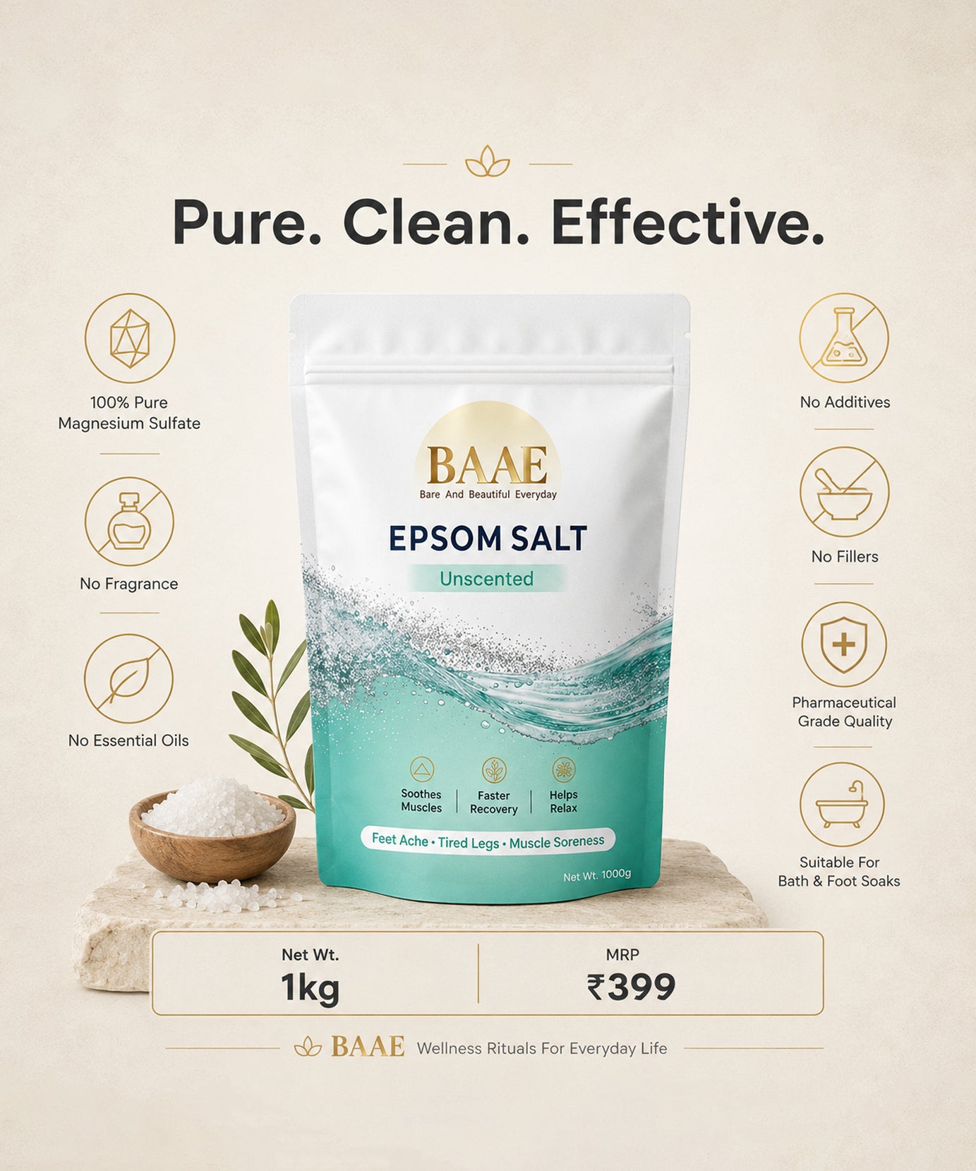 BAAE Pure Epsom Salt - 100% Magnesium Sulfate | Muscle Soak & Relaxation Bath Salt | 1kg