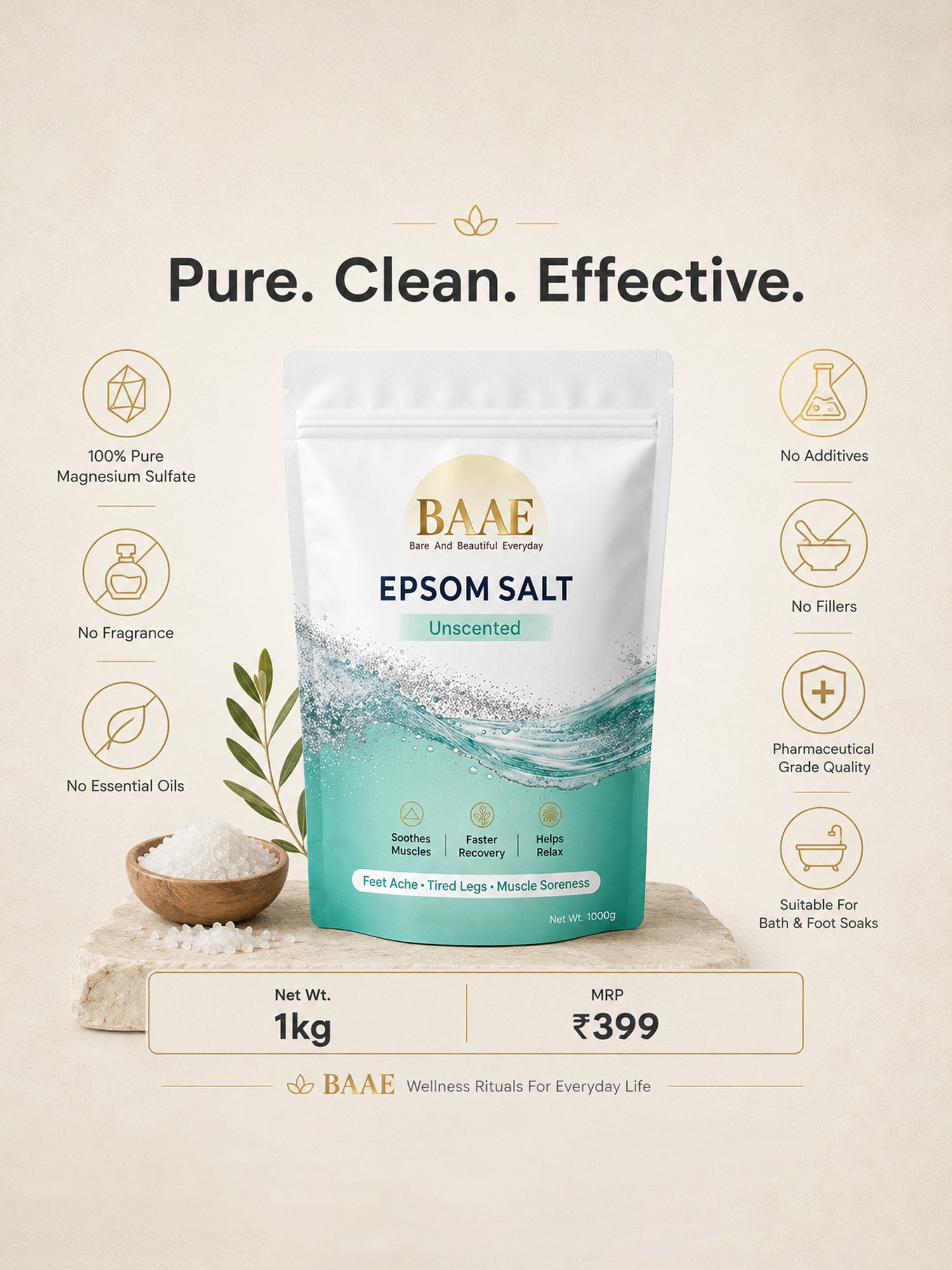 BAAE Pure Epsom Salt - 100% Magnesium Sulfate | Muscle Soak & Relaxation Bath Salt | 1kg