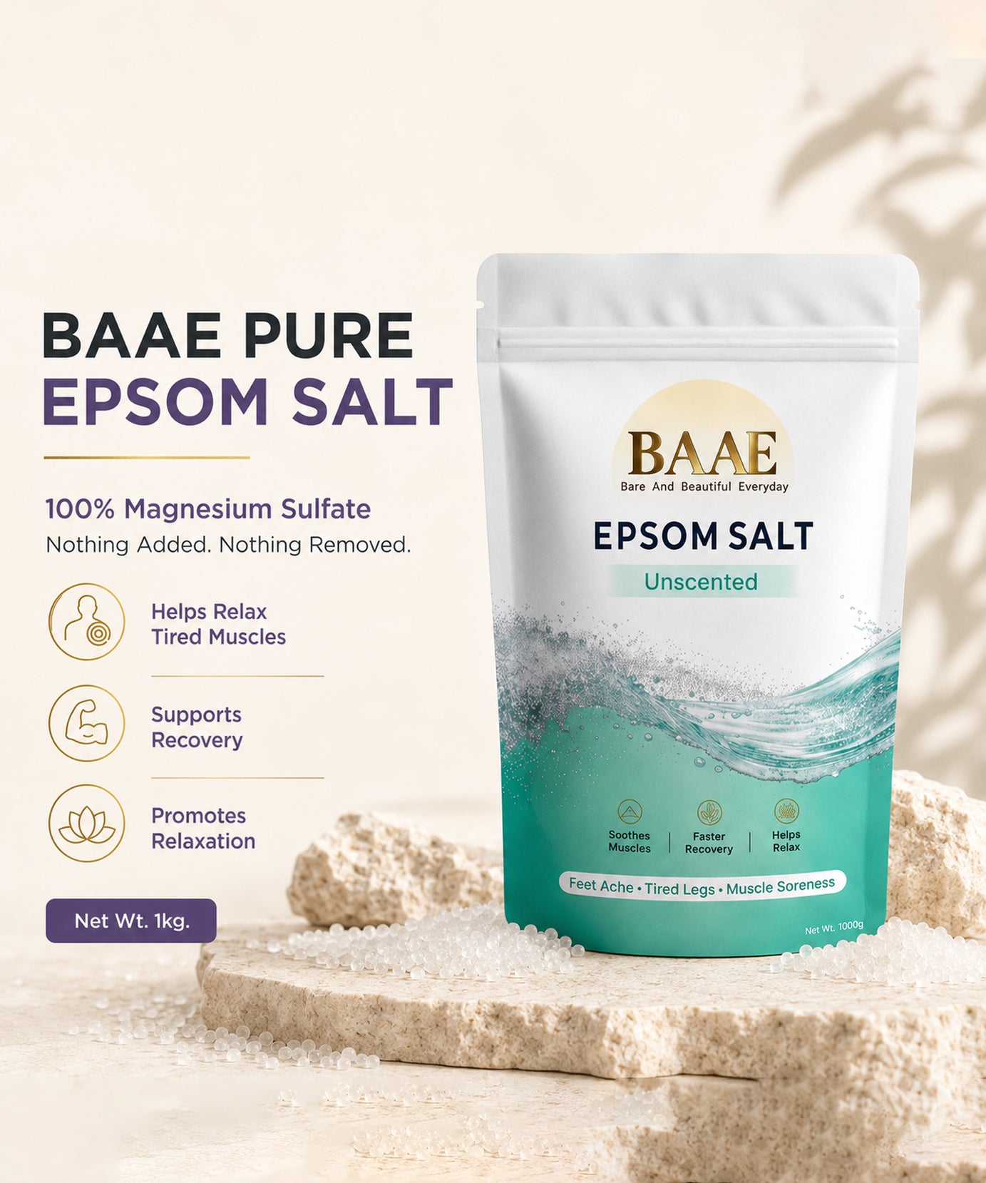 BAAE Pure Epsom Salt - 100% Magnesium Sulfate | Muscle Soak & Relaxation Bath Salt | 1kg
