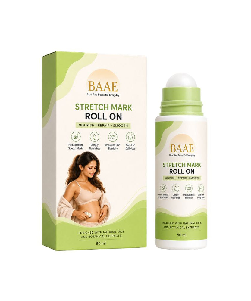 BAAE Stretch Mark Roll-On | Hyaluronic Acid + Centella Asiatica + Rosehip Oil | Helps Reduce Appearance of Stretch Marks | Mess-Free Targeted Application, 50ml