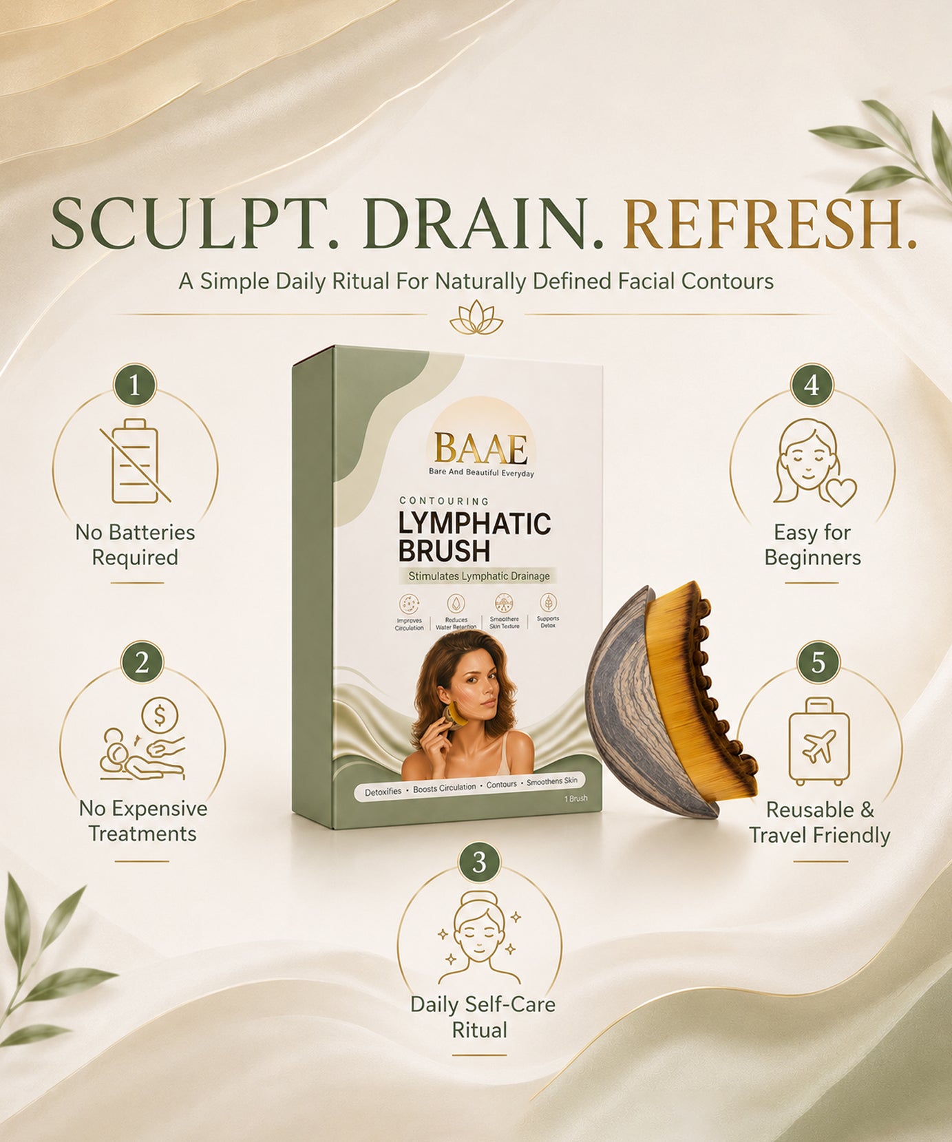 BAAE Lymphatic Face Contour Brush | Manual Facial Drainage & Sculpting Tool | Reduces Puffiness & Defines Jawline