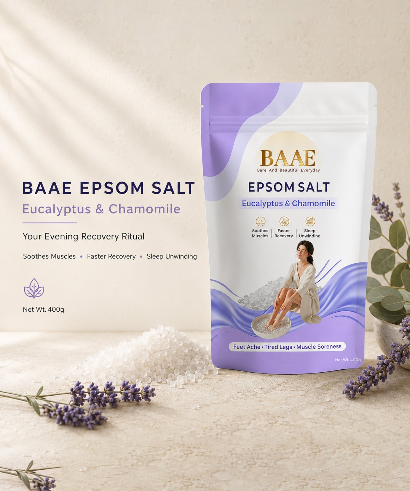 BAAE Lavender & Chamomile Epsom Salt | Relaxing Bath Soak for Muscle Relief & Calm | 400g