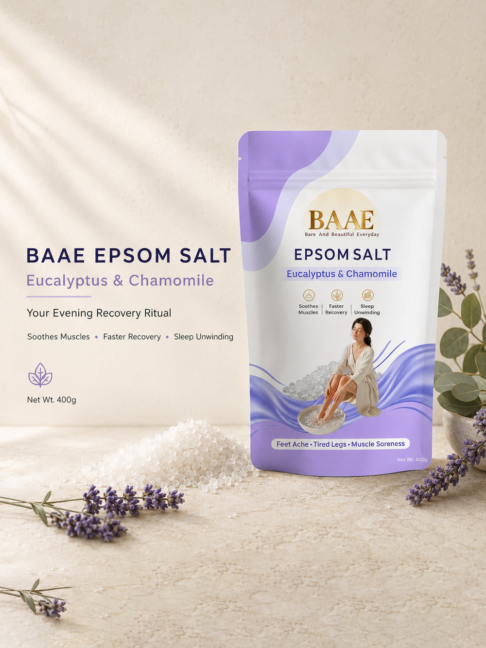 BAAE Lavender & Chamomile Epsom Salt | Relaxing Bath Soak for Muscle Relief & Calm | 400g