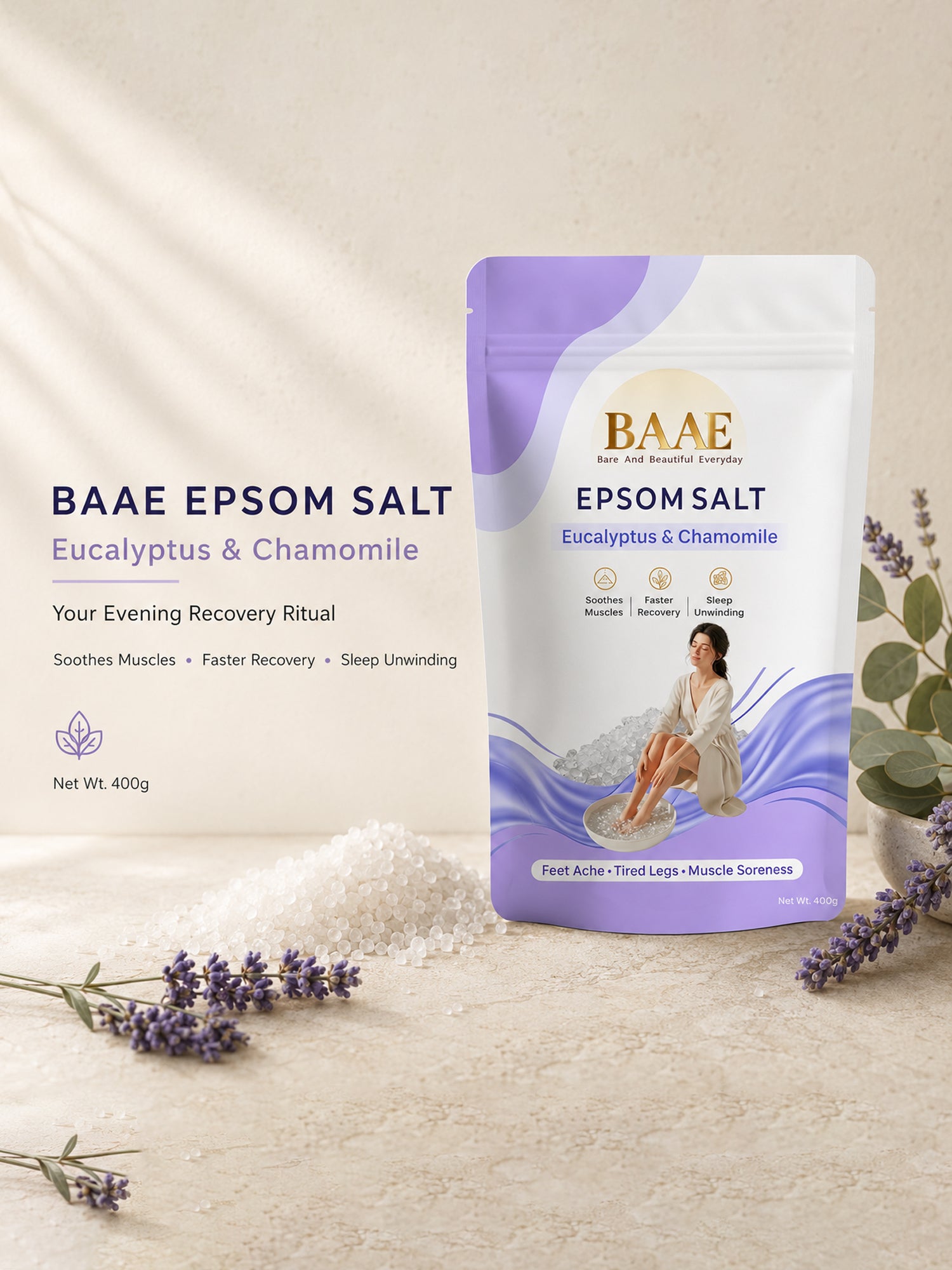 BAAE Lavender & Chamomile Epsom Salt | Relaxing Bath Soak for Muscle Relief & Calm | 400g