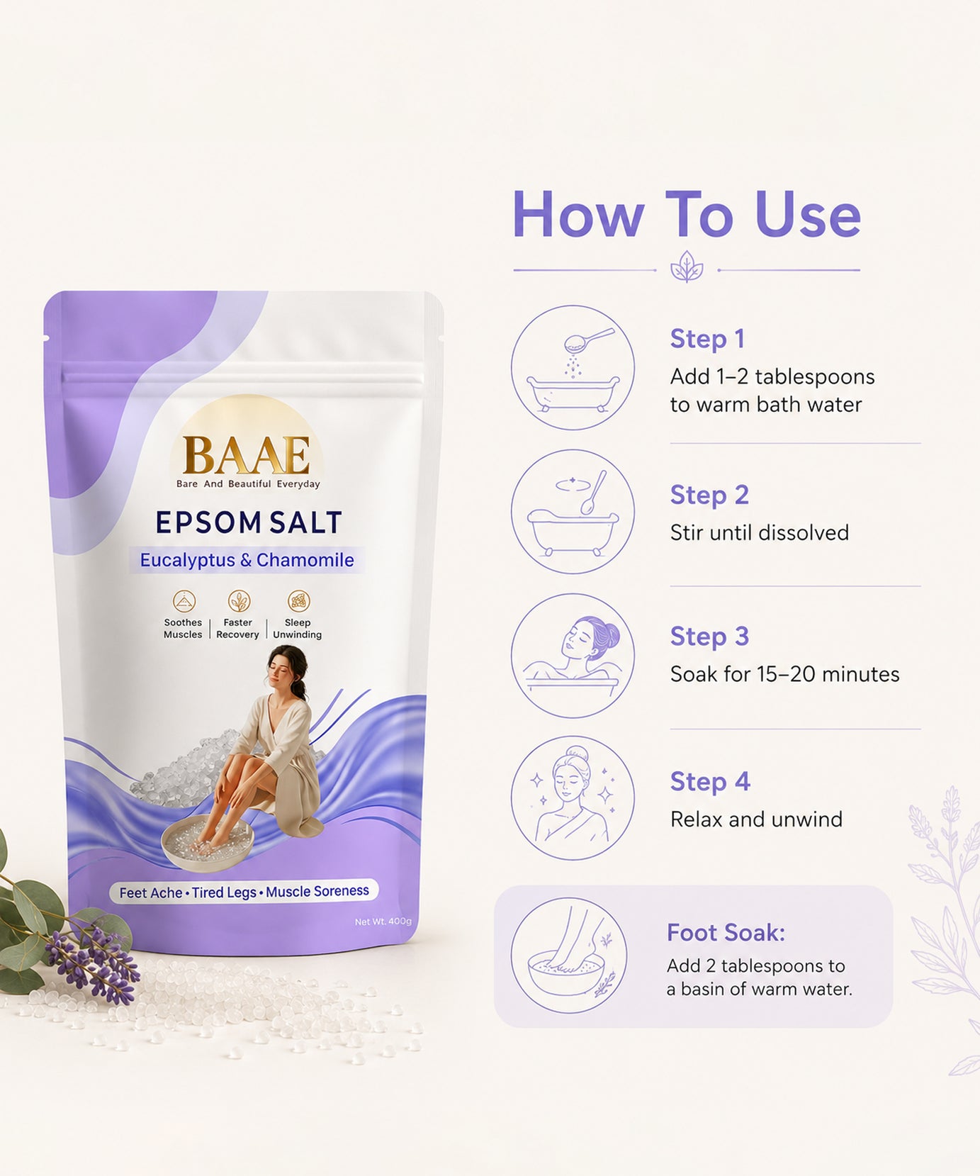 BAAE Lavender & Chamomile Epsom Salt | Relaxing Bath Soak for Muscle Relief & Calm | 400g