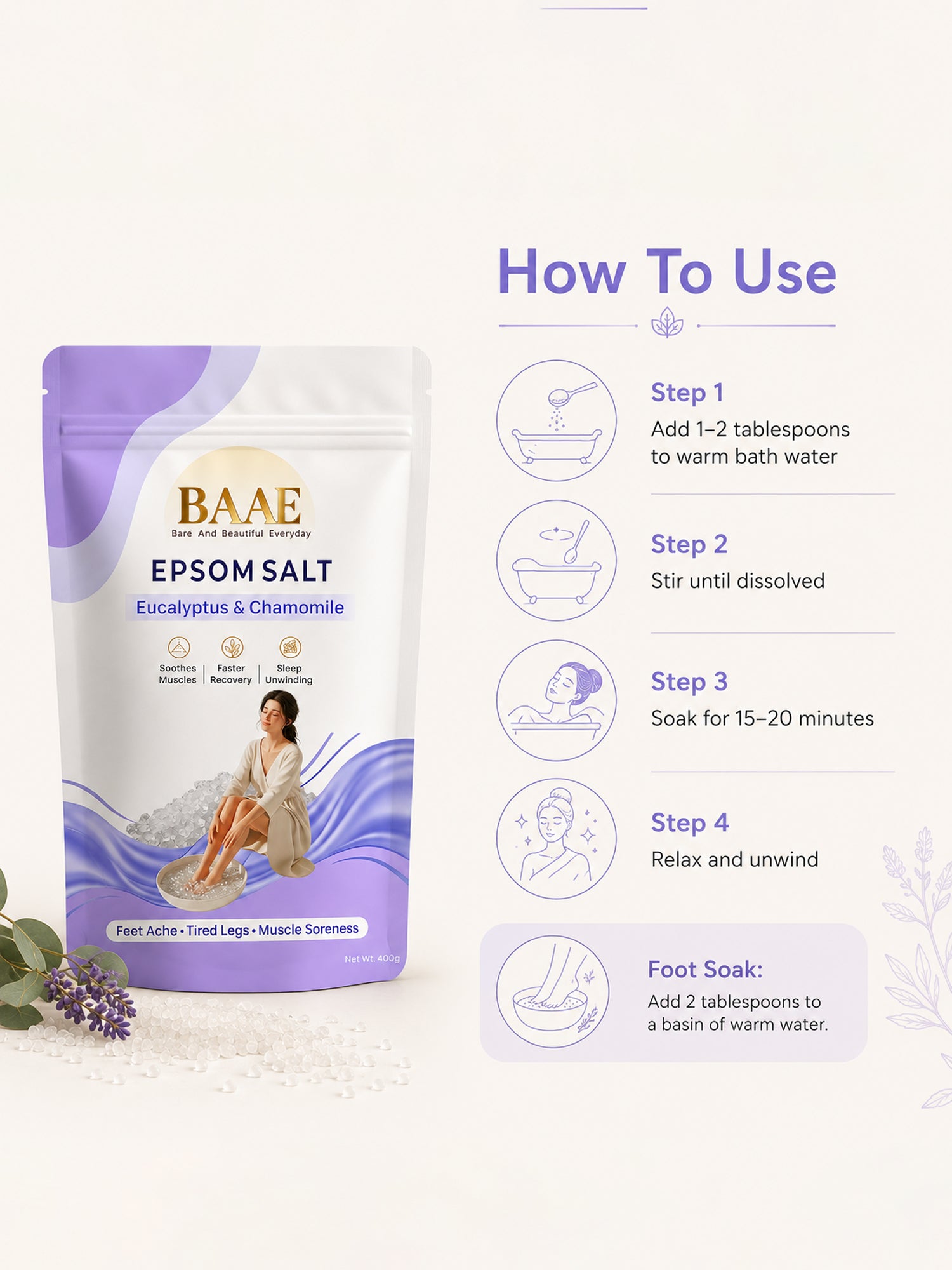 BAAE Lavender & Chamomile Epsom Salt | Relaxing Bath Soak for Muscle Relief & Calm | 400g