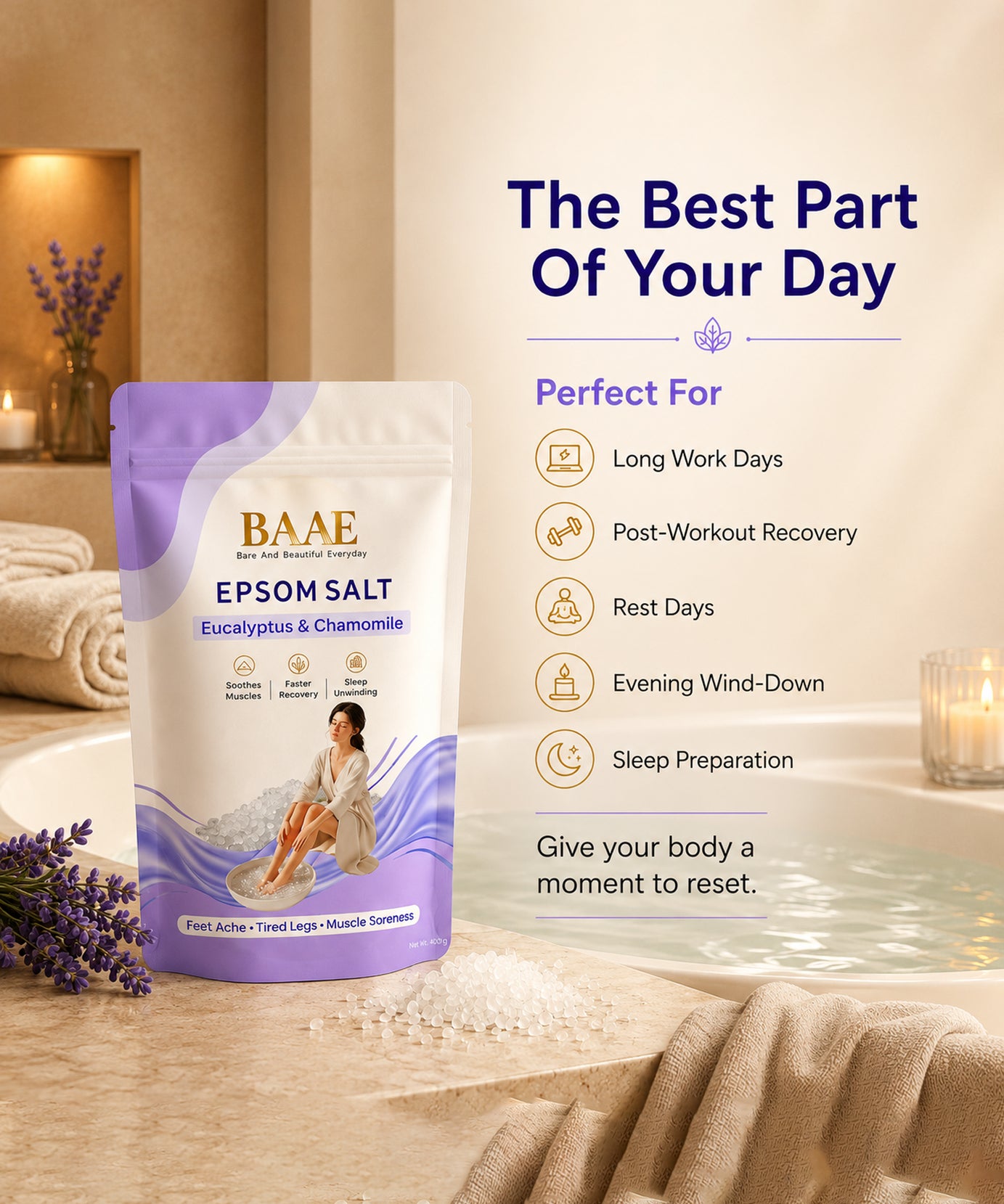 BAAE Lavender & Chamomile Epsom Salt | Relaxing Bath Soak for Muscle Relief & Calm | 400g