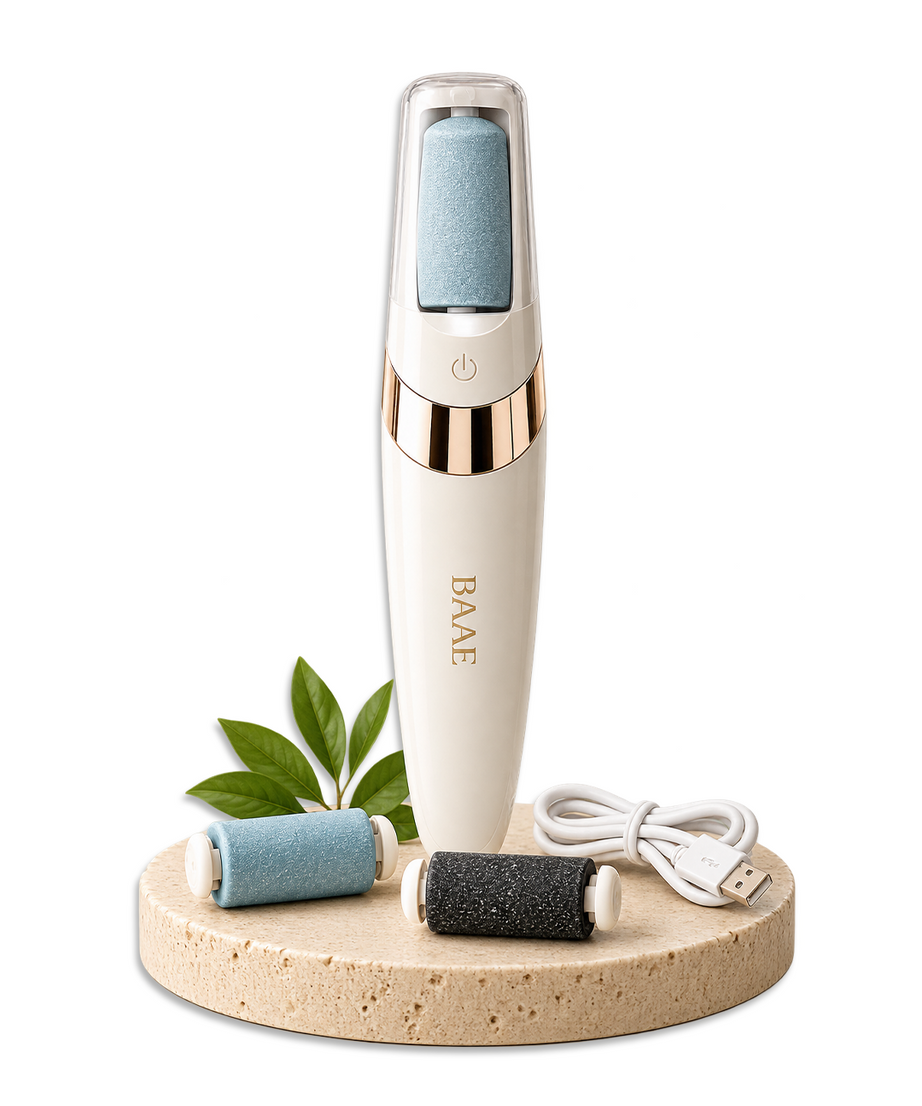 Back of pack of BAAE Wellness electric callus remover showing product features, usage and package details